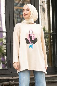 Modalamelif Kız Love Baskılı  Sweatshirt Bej