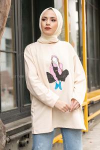 Modalamelif Kız Love Baskılı  Sweatshirt Bej