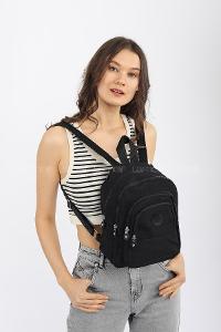 Modalamelif Krinkıl Kumaş Çok Bölmeli Sırt Çantası Siyah