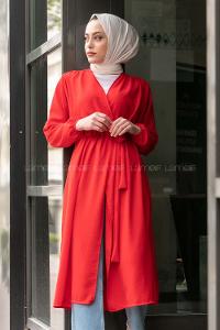 Modalamelif Yan Belden Bağlamalı  Trenç Kırmızı