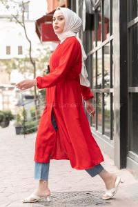 Modalamelif Yan Belden Bağlamalı  Trenç Kırmızı