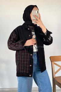 Modalamelif Ekose Garnili Kol Baskılı Ceket Siyah Bordo