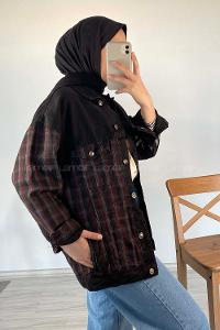 Modalamelif Ekose Garnili Kol Baskılı Ceket Siyah Bordo