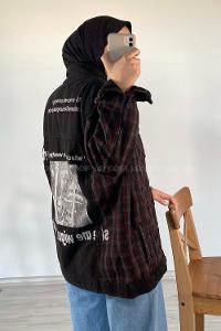 Modalamelif Ekose Garnili Kol Baskılı Ceket Siyah Bordo