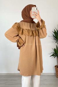 Modalamelif Güpür Fırfırlı Ayrobin Tunik Camel