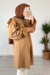 Modalamelif Güpür Fırfırlı Ayrobin Tunik Camel