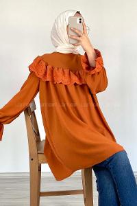 Modalamelif Güpür Fırfırlı Ayrobin Tunik Kiremit