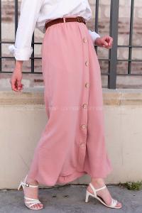 Modalamelif Hasır Kemerli Düğmeli Etek Pudra