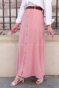 Modalamelif Hasır Kemerli Düğmeli Etek Pudra