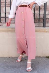 Modalamelif Hasır Kemerli Düğmeli Etek Pudra