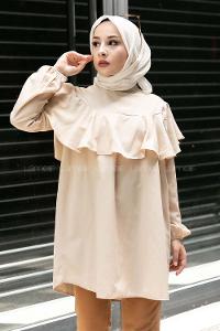 Modalamelif Kol Lastikli Önü Fırfırlı Tunik Taş