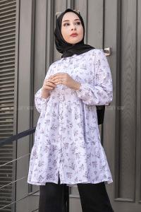 Modalamelif Önü Düğmeli Çiçek Desenli Tunik Beyaz