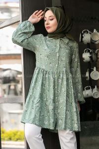 Modalamelif Önü Düğmeli Çiçek Desenli Tunik Çağla Yeşili