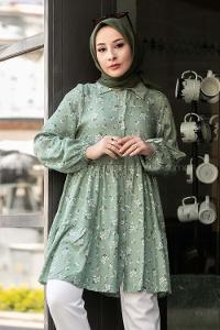 Modalamelif Önü Düğmeli Çiçek Desenli Tunik Çağla Yeşili