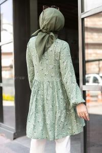 Modalamelif Önü Düğmeli Çiçek Desenli Tunik Çağla Yeşili