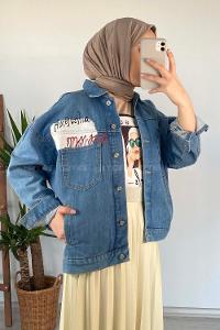 Modalamelif Önü Düğmeli Çift Cepli Kot Ceket Açık Mavi