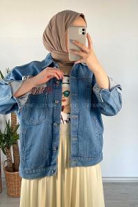 Modalamelif Önü Düğmeli Çift Cepli Kot Ceket Açık Mavi