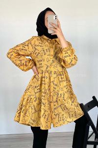 Modalamelif Önü Düğmeli Yazı Baskılı Tunik Hardal Sarısı