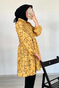 Modalamelif Önü Düğmeli Yazı Baskılı Tunik Hardal Sarısı