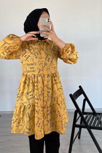 Modalamelif Önü Düğmeli Yazı Baskılı Tunik Hardal Sarısı