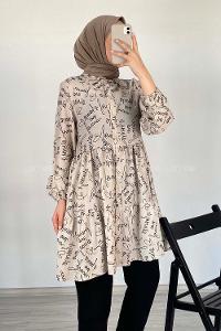 Modalamelif Önü Düğmeli Yazı Baskılı Tunik Taş