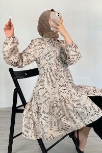 Modalamelif Önü Düğmeli Yazı Baskılı Tunik Taş