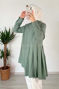 Modalamelif Önü Gizli Düğmeli Pileli Tunik Pastel Yeşili