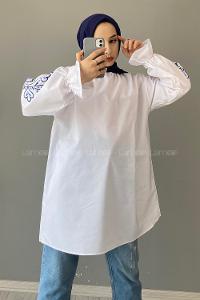 White Mandarin Collar Cotton Printed Tunic