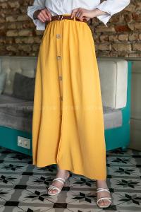 Modalamelif Hasır Kemerli Düğmeli Etek Hardal Sarısı