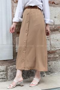 Modalamelif Hasır Kemerli Düğmeli Etek Soft Kahve