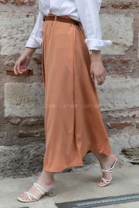 Modalamelif Hasır Kemerli Düğmeli Etek Somon