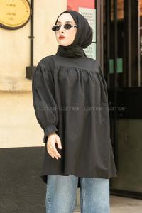 Modalamelif  Hakim Yaka Kol Büzgülü Tunik Siyah