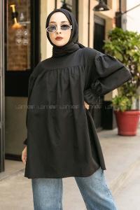 Modalamelif  Hakim Yaka Kol Büzgülü Tunik Siyah