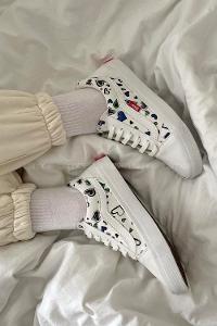 Modalamelif Kalp Desenli Kibar Ayakkabı Beyaz