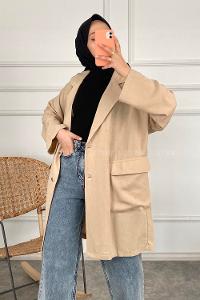 Modalamelif Kapak Cepli Oversize Keten Ceket Taş