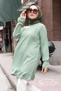 Modalamelif Bisiklet Yaka Etek Ucu Fırfırlı Tunik Çağla Yeşili