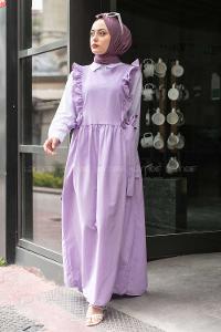 Modalamelif Omuz Fırfırlı Kuşak Bağlamalı Jile Lila