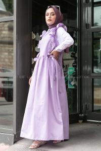 Modalamelif Omuz Fırfırlı Kuşak Bağlamalı Jile Lila