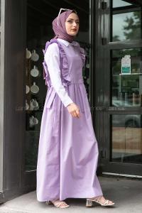 Modalamelif Omuz Fırfırlı Kuşak Bağlamalı Jile Lila