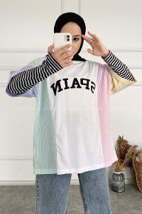 Modalamelif Önü Spain Baskılı Oversize Garnili T-Shirt Mint Yeşili