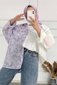 Modalamelif Oversize Renk Garnili Gömlek Lila