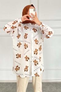 Modalamelif Bear Baskılı Gömlek Beyaz