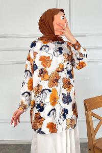Modalamelif Çiçek Desenli Salaş Gömlek Hardal Sarısı