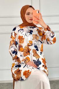 Modalamelif Çiçek Desenli Salaş Gömlek Hardal Sarısı