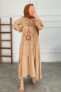 Modalamelif Kol Lastik Nakışlı Elbise Sütlü Kahve