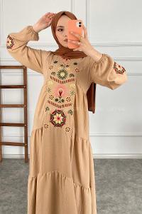 Modalamelif Kol Lastik Nakışlı Elbise Sütlü Kahve