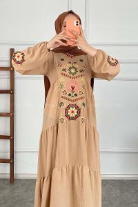 Modalamelif Kol Lastik Nakışlı Elbise Sütlü Kahve