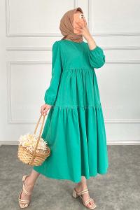 Modalamelif Kol Lastikli Fırfırlı Elbise Yeşil