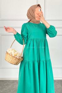 Modalamelif Kol Lastikli Fırfırlı Elbise Yeşil