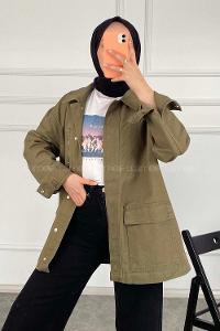 Modalamelif Önü Fermuar Detaylı Çift Cepli Gabardin Ceket Haki